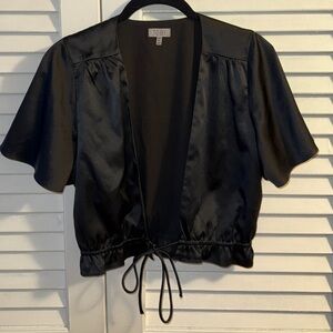 Tobi Black Satin Open-Front Flutter Sleeve Top